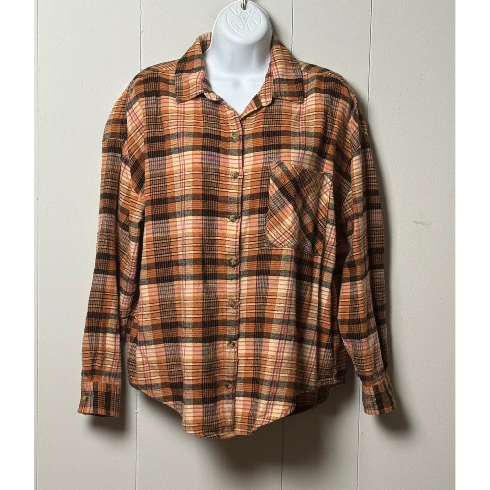 Billabong Women's Plaid Flannel Button Down Shirt Orange Brown Cotton Size Large